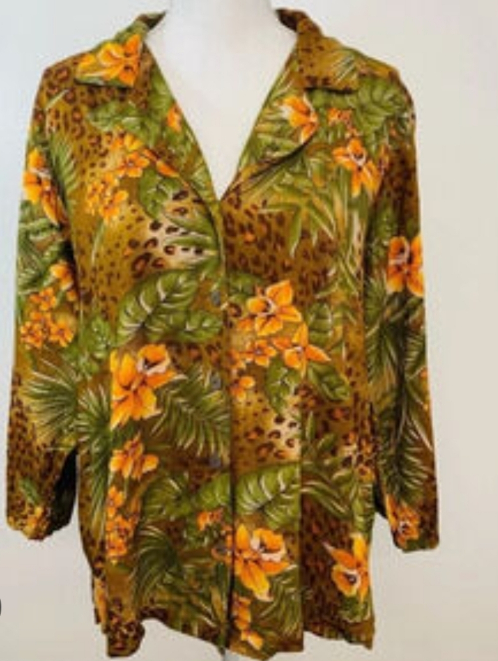 Style Studio Tropical Leopard Print Button-Up Shirt - Olive, Orange, Brown 2X